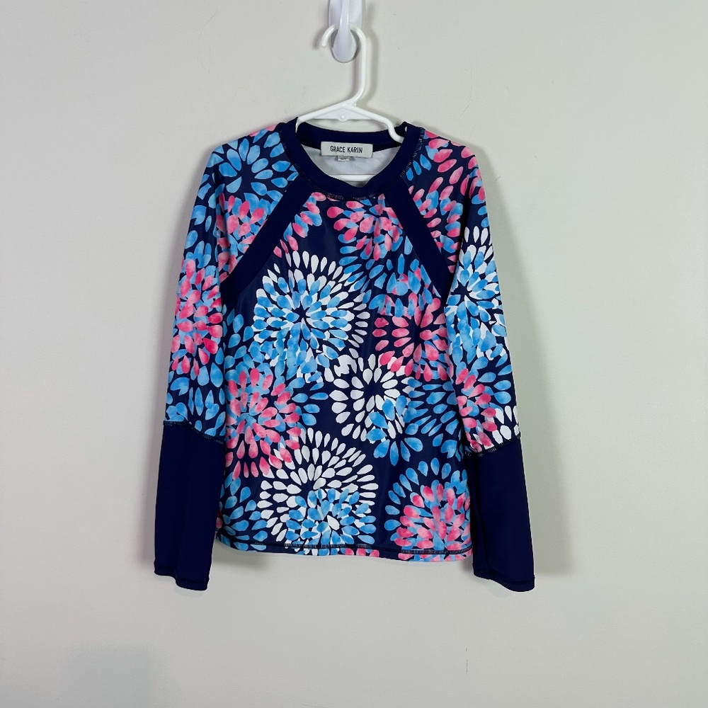 Grace Karin Girls Blue Floral Rashguard Long Sleeve Swim Top Shirt Size 12